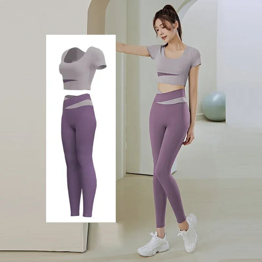 Women 2 Pcs Gym Sets Sports Crop Tops Pants Running Fitness Yoga Suits Gym Sportswear Lady Workout Clothes High Waist Leggings